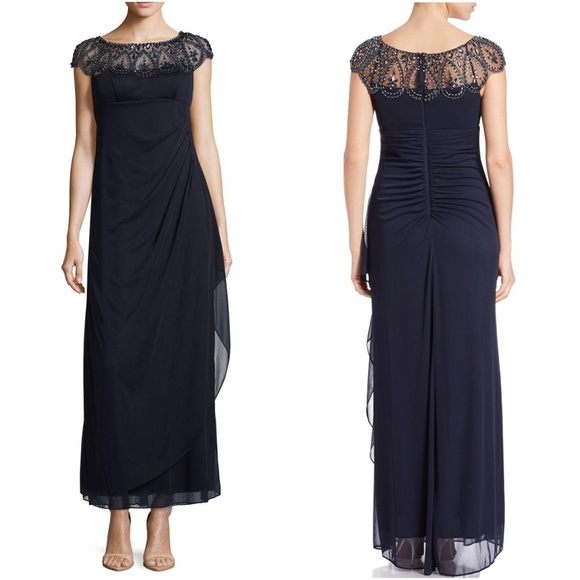 xscape embellished mock wrap gown